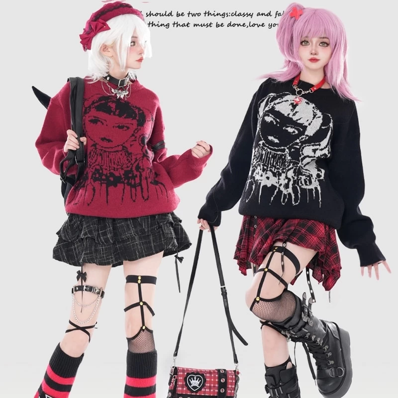Asian Punk Style Cartoon Girl Print Loose Knit Sweater 3 Asian Punk Style Cartoon Girl Print Loose Knit Sweater