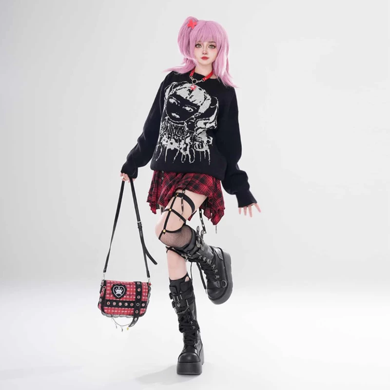 Asian Punk Style Cartoon Girl Print Loose Knit Sweater 5 Asian Punk Style Cartoon Girl Print Loose Knit Sweater - Image 3