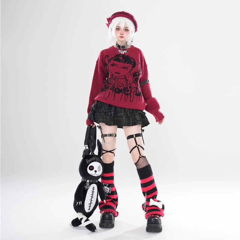 Asian Punk Style Cartoon Girl Print Loose Knit Sweater 4 Asian Punk Style Cartoon Girl Print Loose Knit Sweater - Image 2