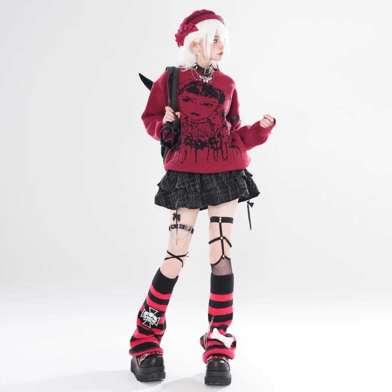 Asian Punk Style Cartoon Girl Print Loose Knit Sweater 7 Asian Punk Style Cartoon Girl Print Loose Knit Sweater - Image 5