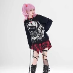 Asian Punk Style Cartoon Girl Print Loose Knit Sweater 16 Asian Punk Style Cartoon Girl Print Loose Knit Sweater -Kawaii Fashion Shop Asian Punk Style Cartoon Girl Print Loose Knit Sweater 7