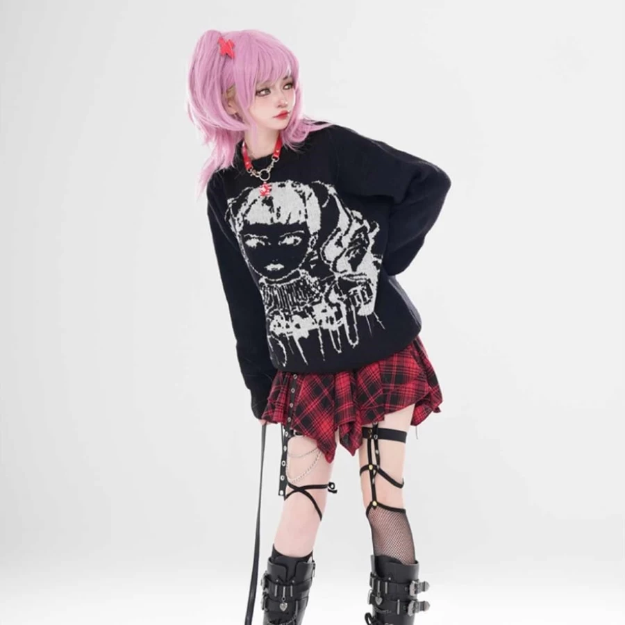 Asian Punk Style Cartoon Girl Print Loose Knit Sweater 8 Asian Punk Style Cartoon Girl Print Loose Knit Sweater - Image 6