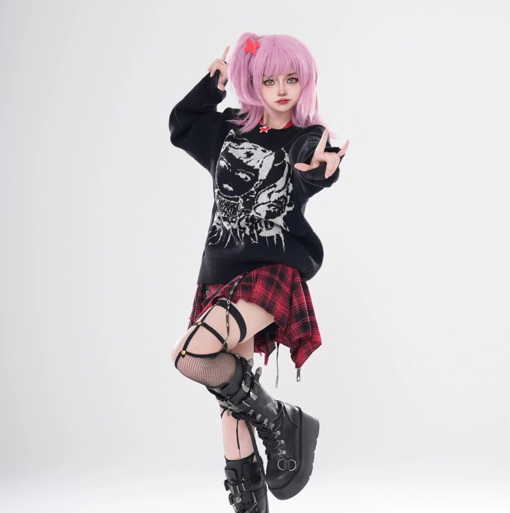 Asian Punk Style Cartoon Girl Print Loose Knit Sweater 9 Asian Punk Style Cartoon Girl Print Loose Knit Sweater - Image 7