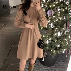 Elegant Slim Sweater Dresses -Kawaii Fashion Shop Autumn Elegant Knitted Dress Women O Neck Long Sleeve Thick Warm A Line Sweater Dresses Winter 1
