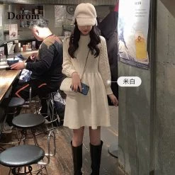 Elegant Slim Sweater Dresses -Kawaii Fashion Shop Autumn Elegant Knitted Dress Women O Neck Long Sleeve Thick Warm A Line Sweater Dresses Winter 2