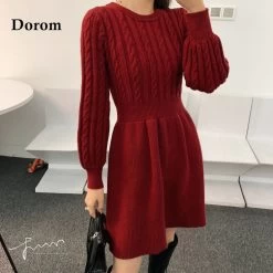 Elegant Slim Sweater Dresses -Kawaii Fashion Shop Autumn Elegant Knitted Dress Women O Neck Long Sleeve Thick Warm A Line Sweater Dresses Winter 3