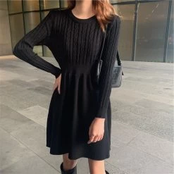 Elegant Slim Sweater Dresses -Kawaii Fashion Shop Autumn Elegant Knitted Dress Women O Neck Long Sleeve Thick Warm A Line Sweater Dresses Winter 4