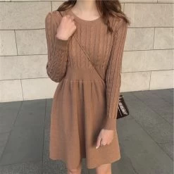 Elegant Slim Sweater Dresses -Kawaii Fashion Shop Autumn Elegant Knitted Dress Women O Neck Long Sleeve Thick Warm A Line Sweater Dresses Winter 5
