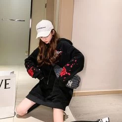 Rose Loose Fit Hoodie -Kawaii Fashion Shop Autumn Winter Thicken Hoodie Sweatshirt Women Korean Loose Clothing Plus Velvet Embroidered Student Chinese Style Warm 1