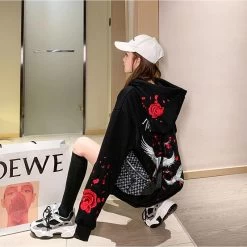 Rose Loose Fit Hoodie -Kawaii Fashion Shop Autumn Winter Thicken Hoodie Sweatshirt Women Korean Loose Clothing Plus Velvet Embroidered Student Chinese Style Warm 3