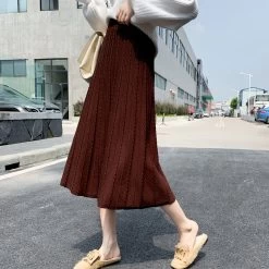 Japanese Casual Plaid Pleated Flowy Midi Skirt -Kawaii Fashion Shop Autumn Winter Women Midi Calf Knitting Elastic Waist Casual Skirts Girls High Waist A Line Elegant 2