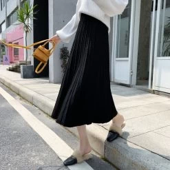 Japanese Casual Plaid Pleated Flowy Midi Skirt -Kawaii Fashion Shop Autumn Winter Women Midi Calf Knitting Elastic Waist Casual Skirts Girls High Waist A Line Elegant 3