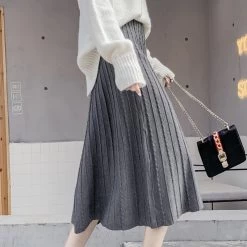 Japanese Casual Plaid Pleated Flowy Midi Skirt -Kawaii Fashion Shop Autumn Winter Women Midi Calf Knitting Elastic Waist Casual Skirts Girls High Waist A Line Elegant 4