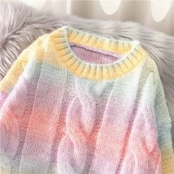 Casual Colorful Rainbow Loose Sweatshirt 10 Casual Colorful Rainbow Loose Sweatshirt -Kawaii Fashion Shop Autumn Winter Women Rainbow Sweaters Tie Dye Pullover O Neck Long Loose Striped Korean Jumpers Candy 2