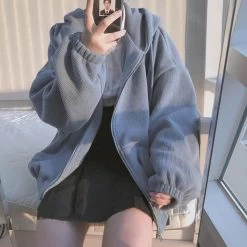 Cute Korean Blue Loose Hoodie 11 Cute Korean Blue Loose Hoodie -Kawaii Fashion Shop Autumn and winter zipper hooded jacket cute age reduction plus velvet cardigan sweater female Korean version 4