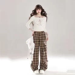 BF Style Pink Plaid Straight Overalls 15 BF Style Pink Plaid Straight Overalls -Kawaii Fashion Shop BF Style Pink Plaid Straight Overalls 1