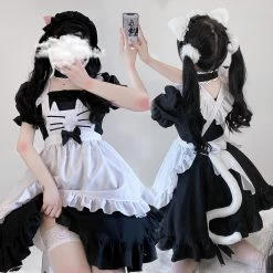 Kawaii Kitty Bow Lolita Maid Dress Set 11 Kawaii Kitty Bow Lolita Maid Dress Set -Kawaii Fashion Shop Balck White Kittly Lolita Dress Sexy Kawaii Cute Dresses Japanese Anime Cosplay Maid Outfit Halloween Costumes 3