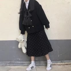 Harajuku Front Bowknot Corduroy Coats 11 Harajuku Front Bowknot Corduroy Coats -Kawaii Fashion Shop Basic Jackets Women Turn Down Collar Bow Black Elegant College Girlish All Match Corduroy Fashion Outerwear 3