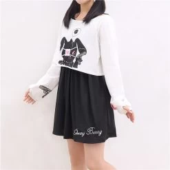Yami Bunny 2Pcs Sweater Skirt Dress -Kawaii Fashion Shop Black Comic Rabbit Lolita Dress Teens Girls Casual Sweet Kawaii Short Dress Cute Bunny Print Long 2