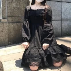Lolita Black Mini High Waist Gothic Dress -Kawaii Fashion Shop Black Punk Fairy Grunge Mini Lace Dress Women Harajuku Kawaii Lolita Dresses Dark Aesthetic Alt Gothic 5