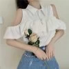 Cutout Shoulder Sleeved Shirt -Kawaii Fashion Shop Blouses Women Turn Down Collar Design Elegant Tender College All Match Streetwear Casual Fashion Solid Simple