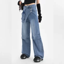 Blue Irregular Retro Wide-leg Jeans 21 Blue Irregular Retro Wide-leg Jeans -Kawaii Fashion Shop Blue Irregular Retro Wide leg Jeans 1