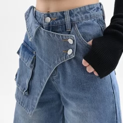 Blue Irregular Retro Wide-leg Jeans 16 Blue Irregular Retro Wide-leg Jeans -Kawaii Fashion Shop Blue Irregular Retro Wide leg Jeans 12