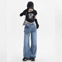 Blue Irregular Retro Wide-leg Jeans 19 Blue Irregular Retro Wide-leg Jeans -Kawaii Fashion Shop Blue Irregular Retro Wide leg Jeans 3
