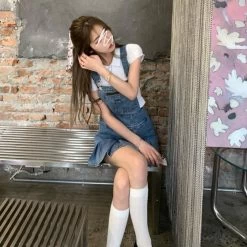 Kawaii Blue Denim Pleated Dress -Kawaii Fashion Shop Blue Kawaii Denim Women Dress Summer 2021 Harajuku Casual Suspender Pleated Mini Dress Streetwear Chic Korean 2