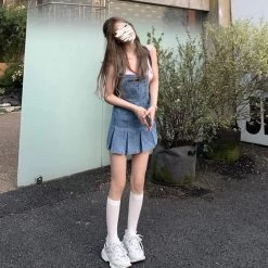 Kawaii Blue Denim Pleated Dress -Kawaii Fashion Shop Blue Kawaii Denim Women Dress Summer 2021 Harajuku Casual Suspender Pleated Mini Dress Streetwear Chic Korean 4