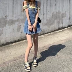Kawaii Blue Denim Pleated Dress -Kawaii Fashion Shop Blue Kawaii Denim Women Dress Summer 2021 Harajuku Casual Suspender Pleated Mini Dress Streetwear Chic Korean 5