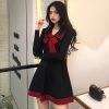 Bow Tie Lapel High Waist Knitted Dress -Kawaii Fashion Shop Bow Turn Down Collar Knitted Dress Women Long Sleeve Black Mini Dress High Waist Party Dress