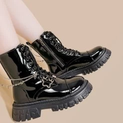 British-style Black Mid-Cut Martin Boots -Kawaii Fashion Shop British style Black Mid Cut Martin Boots 5
