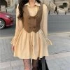 Double Button Vest Ruffled Dress Set -Kawaii Fashion Shop Brown Fairycore Pleated Dress Women Harajuku Long Sleeve 2000 Aesthetic Mini Dresses Cyber Y2k Alternative Two