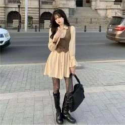 Double Button Vest Ruffled Dress Set -Kawaii Fashion Shop Brown Fairycore Pleated Dress Women Harajuku Long Sleeve 2000 Aesthetic Mini Dresses Cyber Y2k Alternative Two 2