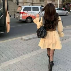 Double Button Vest Ruffled Dress Set -Kawaii Fashion Shop Brown Fairycore Pleated Dress Women Harajuku Long Sleeve 2000 Aesthetic Mini Dresses Cyber Y2k Alternative Two 3