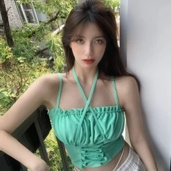 Korean Style Ruffles Lacing-up Vest -Kawaii Fashion Shop Camis Women Summer Solid 4 Colors Simple Sexy Soft Party Cropped Fashion Ulzzang New All match 1