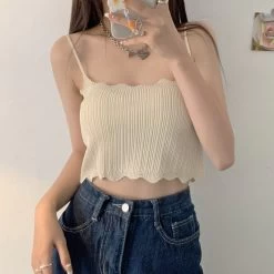 Korean Fashion Solid Color Knitted Tank Top -Kawaii Fashion Shop Camisole Women Sexy Solid Backless Korean Style Tender Skinny Lovely Simple Cropped Tops All match Summer 1