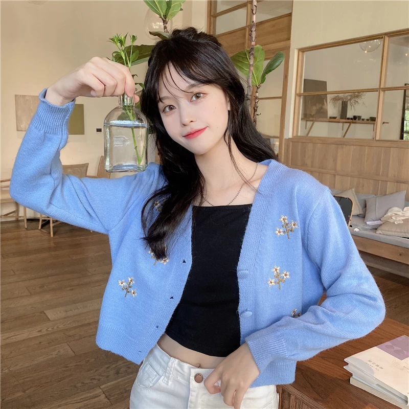 Kawaii Plunging Floral Embroidered Short Cardigan 4 Kawaii Plunging Floral Embroidered Short Cardigan - Image 2