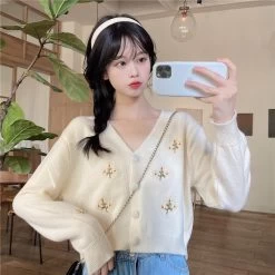 Kawaii Plunging Floral Embroidered Short Cardigan 10 Kawaii Plunging Floral Embroidered Short Cardigan -Kawaii Fashion Shop Cardigan Women Autumn New Loose V neck Embroidery Sweater Knitted Ladies Korean Style Classy Fashion Streetwear