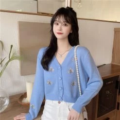 Kawaii Plunging Floral Embroidered Short Cardigan 9 Kawaii Plunging Floral Embroidered Short Cardigan -Kawaii Fashion Shop Cardigan Women Autumn New Loose V neck Embroidery Sweater Knitted Ladies Korean Style Classy Fashion Streetwear 3