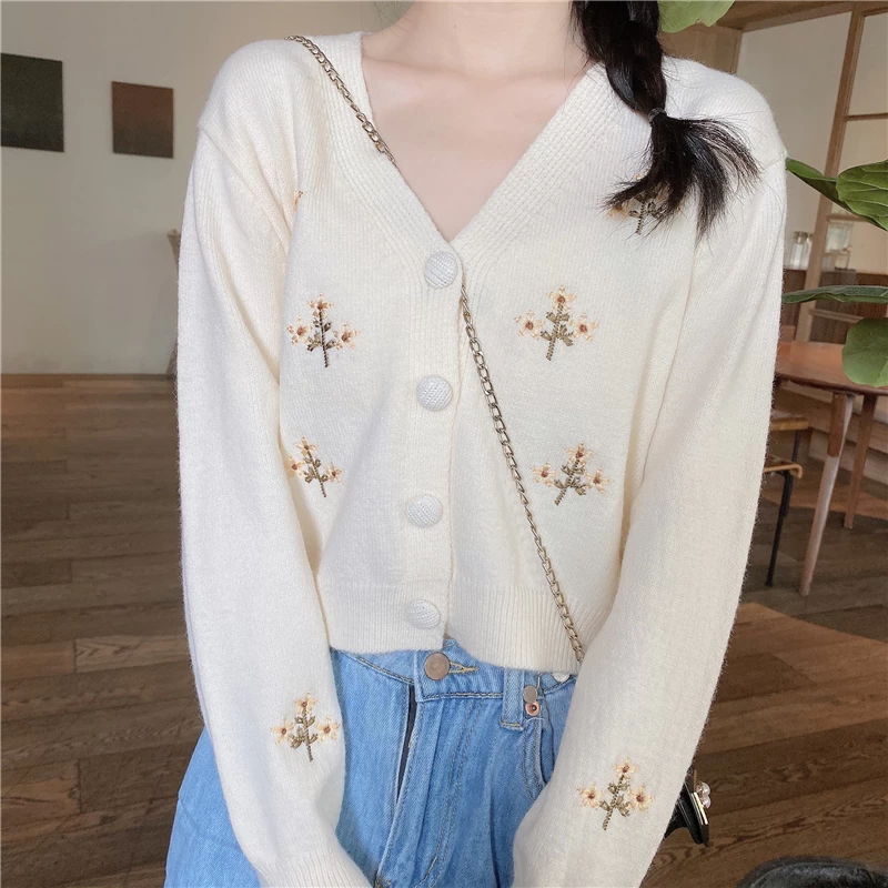 Kawaii Plunging Floral Embroidered Short Cardigan 7 Kawaii Plunging Floral Embroidered Short Cardigan - Image 5