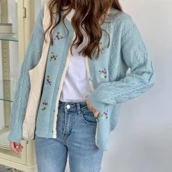 Kawaii Sweet Floral Contrast Color Cardigans -Kawaii Fashion Shop Cardigan Women Elegant Fairy Long Sleeve Embroidery Popular Student Korean Simple Preppy Style Single Breasted Solid 2