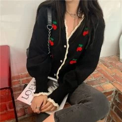 Cute Cherry Knitted Cardigan 15 Cute Cherry Knitted Cardigan -Kawaii Fashion Shop Cardigan Women Sweet Cropped Sweaters Cherry printed Gentle Knitted Retro Korean Style All match Fashion Outwear 1