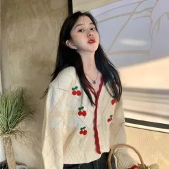 Cute Cherry Knitted Cardigan 14 Cute Cherry Knitted Cardigan -Kawaii Fashion Shop Cardigan Women Sweet Cropped Sweaters Cherry printed Gentle Knitted Retro Korean Style All match Fashion Outwear 2