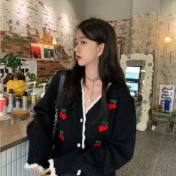 Cute Cherry Knitted Cardigan 12 Cute Cherry Knitted Cardigan -Kawaii Fashion Shop Cardigan Women Sweet Cropped Sweaters Cherry printed Gentle Knitted Retro Korean Style All match Fashion Outwear 4