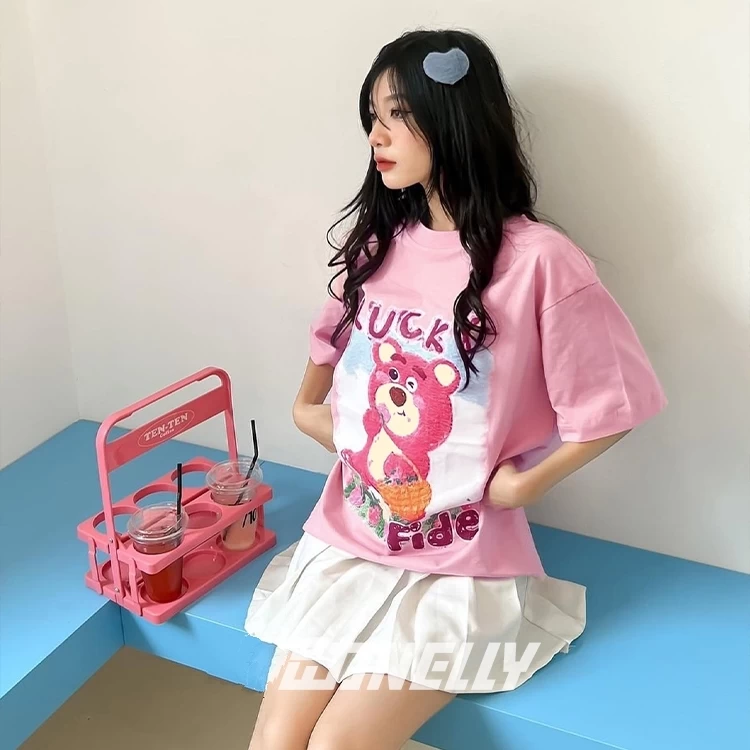 SoftGril Style Pink Cartoon Bear Oversized T-Shirt 4 SoftGril Style Pink Cartoon Bear Oversized T-Shirt - Image 2