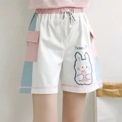 Cartoon Rabbit Embroidery Cotton Short -Kawaii Fashion Shop Cartoon Rabbit Embroidery High Waist Casual Women Cotton Short 2021 Summer Sweet Style Korean Fashion Ladies 1