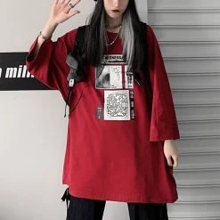 Graphics Print Round Collar Loose T-shirt -Kawaii Fashion Shop College Style Red Green Mid Length Sleeve T Shirts for Girls Loose Casual Oversized Tshirt Female 1