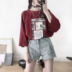 Graphics Print Round Collar Loose T-shirt -Kawaii Fashion Shop College Style Red Green Mid Length Sleeve T Shirts for Girls Loose Casual Oversized Tshirt Female 2